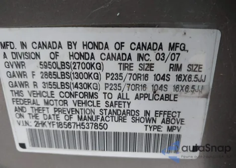 2007 Honda Pilot Ex-L z USA, uszkodzony, nr VIN 2HKYF18567H537850